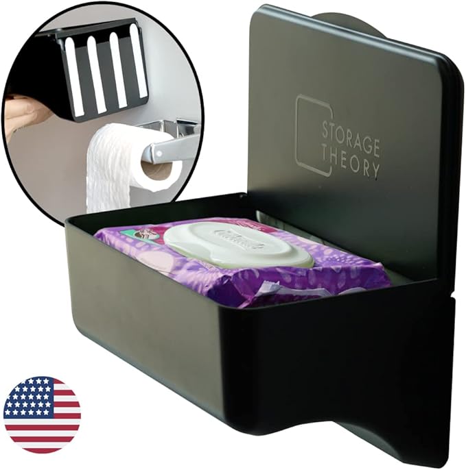 Wipe Holder for Bathroom – Adhesive Wall Mount Organizer – Bathroom Shelf & Baby Wipes Dispenser – Black, 2 Pack