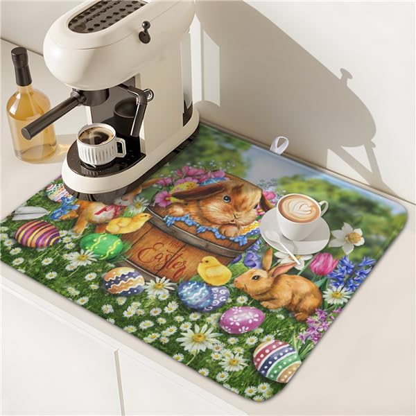 Easter Bunnies Eggs Dish Drying Mat for Kitchen Counter,Spring Colorful Flowers Drying Mat 16 x 18 Inch with High Absorbent Microfiber Drainer Mat for Coffee Bar