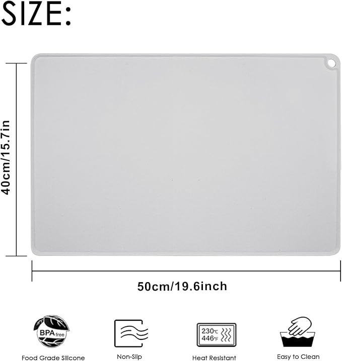 Thick Silicone Pastry Mat with High Edge, 20"x 16" Non-Stick Silicone Baking Mat, Non Slip Silicone Dough Rolling Mat for Making Bread, Cookies and Pizza, Gray Silicone Mat for Craft, Countertop Mat