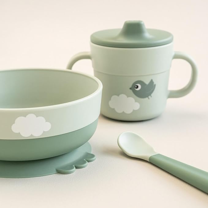 Done by Deer Foodie First Meal Set with Suction Base - Happy Clouds - Green - 3-Piece Toddler Feeding Set with Bowl, 2-Handle Spout Cup & Easy-Grip Spoon - Dishwasher & Microwave Safe