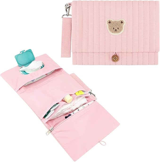 MOMIGO Baby Diaper Bag Organizer Pouches - Waterproof Pod Foldable Diaper Organizer Set, Cute Bear Bag Gift for Baby Shower (Pink)