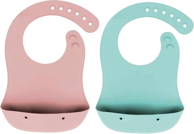 Bazzle Baby Silicone Bibs with Food Catcher - Rolls Up and Button closed for easy travel and storage Waterproof 2-Pk