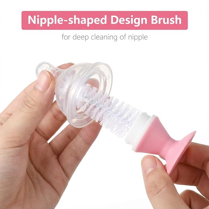 Ariseno 4-in-1 Baby Bottle Brush Set, Including Nylon Bottle Brush, Cap, Straw, Nipple Brushes, BPA-Free (Pink)