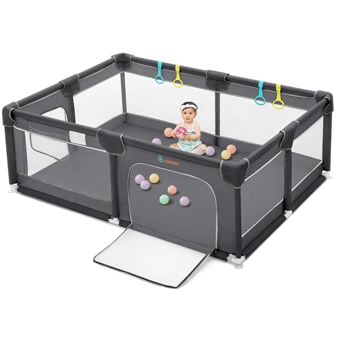 COMOMY Playpens for Babies and Toddlers, 74"x50" Playard Extra Large, Safe and Non-Slip Baby Fence, Full Mesh Design, Indoor & Outdoor Kids Activity Center, Play Pens (Dark Grey)