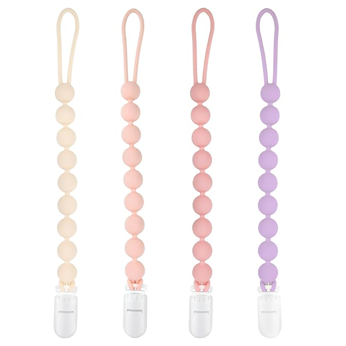 Pacifier Clips Baby Girl, 4 Pack One Piece Flexible Soft Binky Clips Silicone Pacifier Holder Clip for Girls, Baby Girl Newborn Essentials