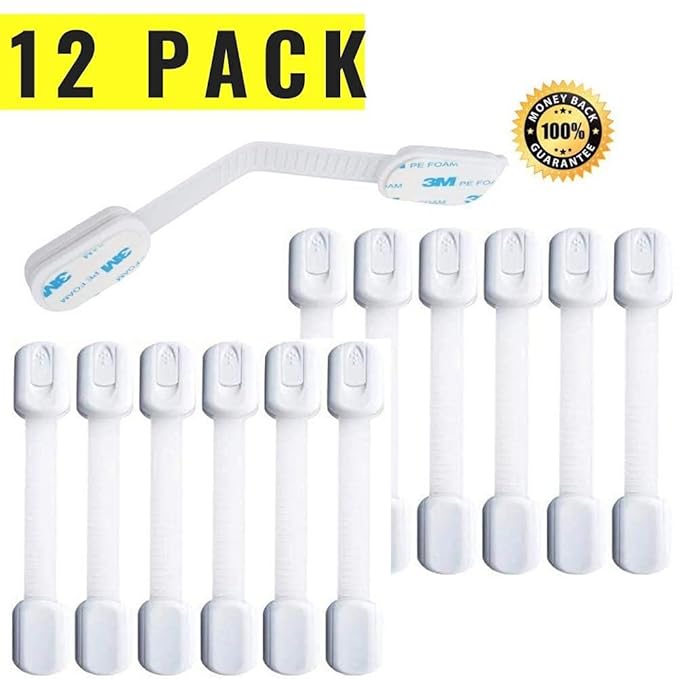 Baby Safety Locks | Child Proof Cabinets, Drawers, Appliances, Toilet Seat, Fridge and Oven | Tools Not Required | Uses 3M Adhesive with Adjustable Strap and Latch System (14-Pack, White)