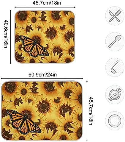 Monarch Butterfly Dish Drying Mat Small for Kitchen Counter, Fast Absorbent Sunflower Tableware Pad Baby Bottle Rack Drainer Mats Sink Decor 16x18 inches