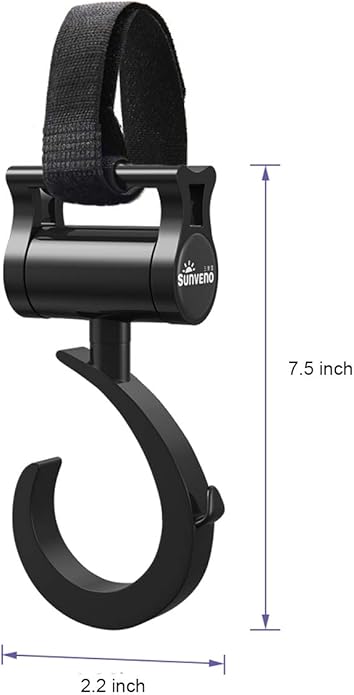 SUNVENO Stroller Hooks 2 Pack, 360° Rotating Universal Stroller Clips with Adjustable Straps, Heavy Duty Bag Holders for Diaper Bags, Purses, Groceries and Travel Use