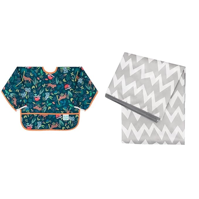 Bumkins Sleeved Bib for Baby & Toddler 6-24M + Splat Mat for Under High Chair, Babies Eating Mess Mat, Waterproof Reusable Cloth 42inx42in Gray Chevron
