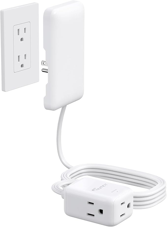 Outlet Cover Extension Cord Long 10ft, 3 Outlets Indoor Flat Extension Cord & Ultra-Thin Flat Wall Plug, 900J Surge Protector, 13A/1625W, ETL Listed, Behind Bed Couch Dresser Furniture, White