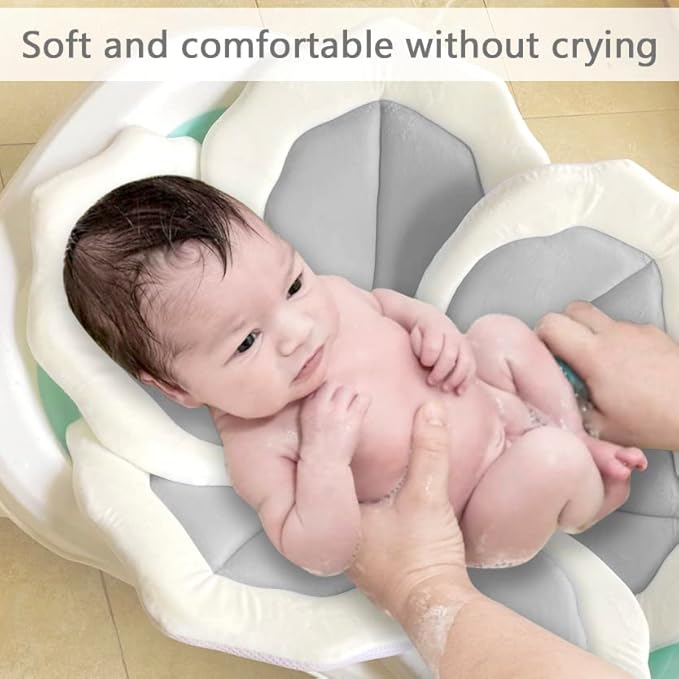 Baby Bath Pad for Infants & Newborns — Soft Petal Shape Bathtub & Sink Support Mat, Plush Washable Baby Bath Cushion, Safe & Comfortable Shower Essential Gift (31", Gray)
