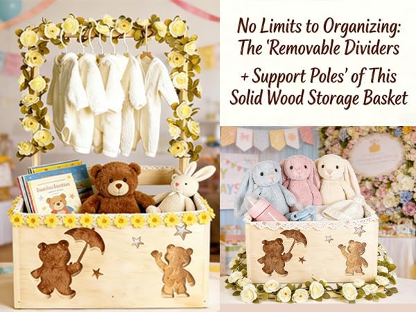 Wooden Baby Shower Crate Closet with Hanger Rack, Baby Shower Basket, 6 Baby Hangers, Removable Divider Board, Greenery Garland, Tools, Nursery Storage Organizer, Boys & Girls
