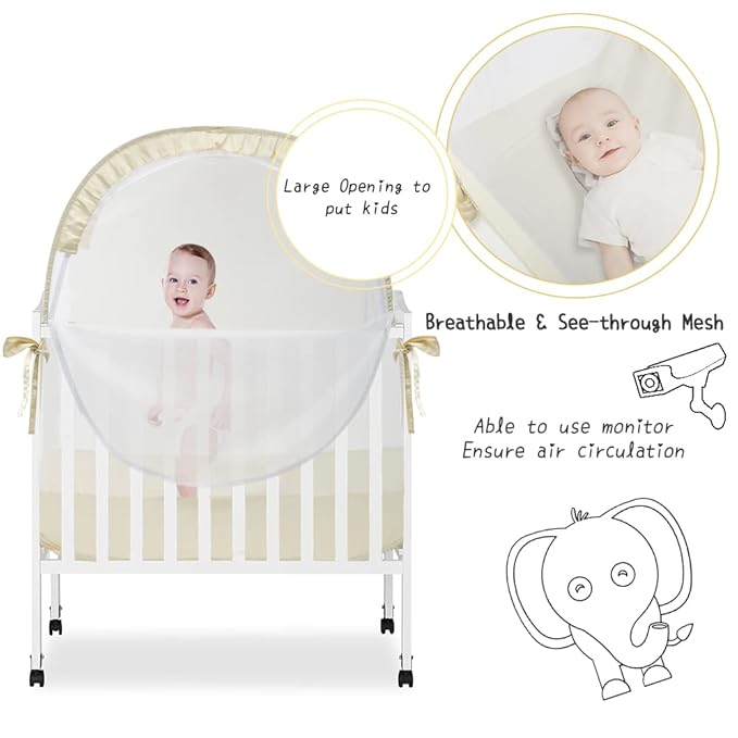 L RUNNZER Pack N Play Tent, Baby Crib Tent to Keep Baby from Climbing Out, Pop Up Crib Net for Pack and Plays, Mini Cribs & Play Yards, See-Through & Breathable Mesh Crib Canopy, Beige, R07s-beige