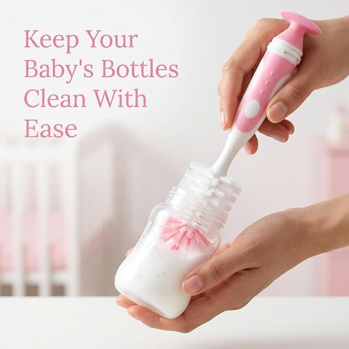 Ariseno 4-in-1 Baby Bottle Brush Set, Including Nylon Bottle Brush, Cap, Straw, Nipple Brushes, BPA-Free (Pink)
