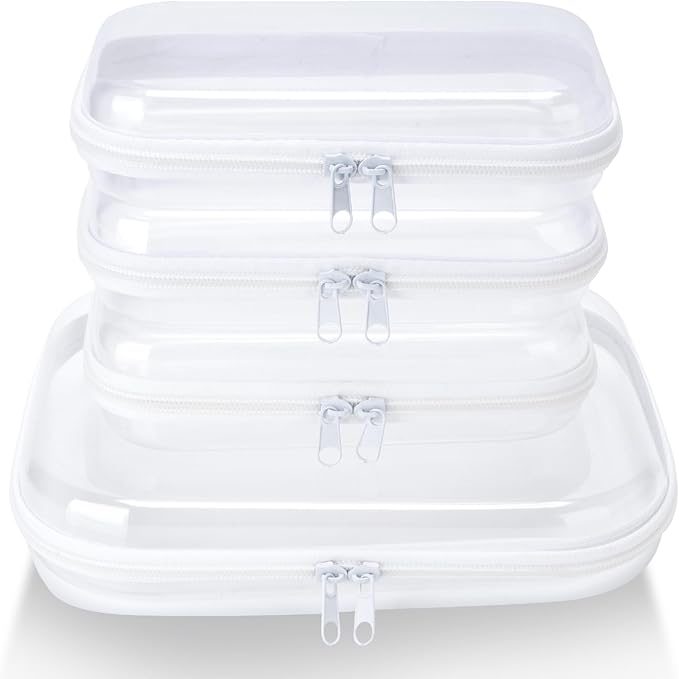 4 pcs Clear Zipper Pouches,Hard Shell Zipper Case, Toiletry Bag for Travel, CLear Diaper Bag, Toiletry Pouch, Travel Organizer, Cosmetic Bag,Toy Storage Bins (M+3S)