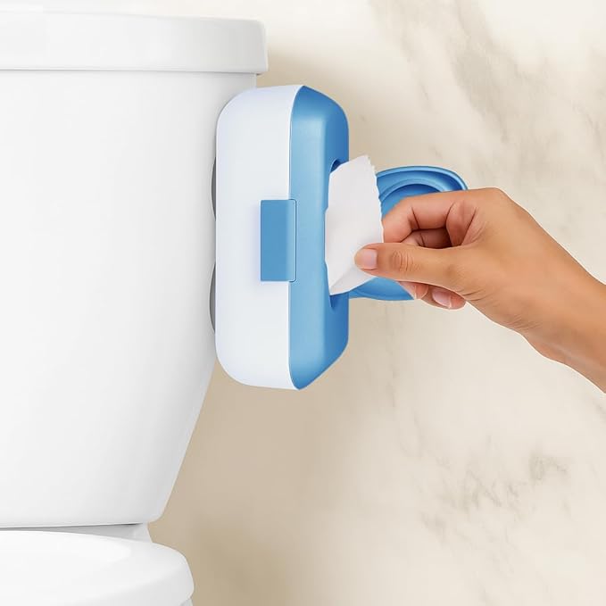 Kids Flushable Wipes Dispenser – Fits Standard Size Flushable Wipes Only – No-Drill Suction Mount, Blue Potty Training Bathroom Wipe Holder