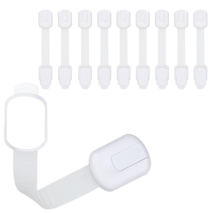 CUTESAFETY - Child Safety Cabinet Locks (10 Pack) – Adjustable Baby Proofing Strap Latches with Strong 3M Adhesive – No Drill Childproof Locks for Drawers, Cabinets, Fridge, Door, Closet, White
