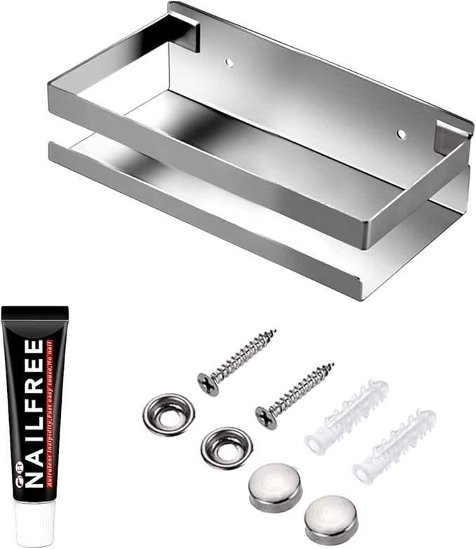 GEINIFAFA Rustproof Metal Storage Floating Shelves Wall Mounted Rectangular Shelf for Bedroom,Bathroom, Living Room, Kitchen, and Laundry Room,Nail-Free Wall-Mounted Shelves（7.9 Inch Silver）