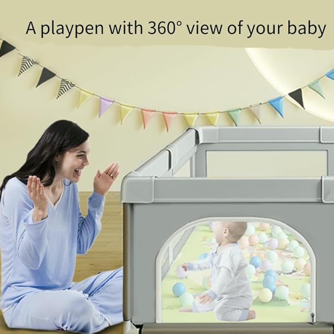 Baby Playpen, Play Pens for Babies and Toddlers, Mini Baby Fence Play Area,Safe Anti-Fall Play Yard with Gates, Small Playpen for Babies with Breathable Mesh, with Pull-Up Ring(Grey, 36" x36")