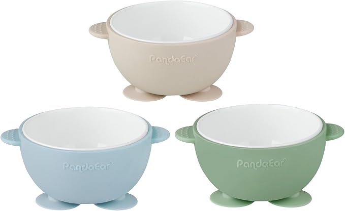 PandaEar 3 Pack Ceramic Baby Bowls with Silicone Sleeves | Non-Slip Suction Base, Microwave & Dishwasher Safe Toddler Bowls | BPA Free Baby Feeding Bowls Set (Blue/Green/Beige)