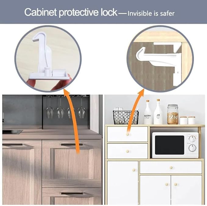 Invisible Baby Proofing Cabinet Latch Locks, 10 Pack, No Drilling or Tools Required, Works with Most Cabinets and Drawers, Countertop Overhangs, Highly Secure