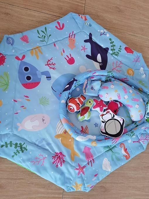 Baby Play Mat,Tummy Time Mat with 6 Detachable Toys-Activity Gym for Visual, Auditory & Motor Development-Washable Baby Activity Mat for 0-12 Month Infants(Ocean)