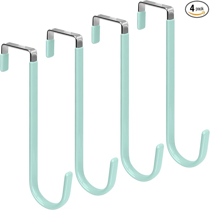 FYY Over the Door Hooks, 4 Pack Upgraded Long Door Hangers Hooks with Rubber Prevent Scratches Heavy Duty Organizer Hooks for Hanging Clothes, Towels, Hats, Coats, Bags LightGreen