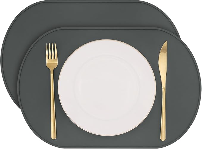 Silicone Placemat Set of 2, Heat Resistant Placemats for Dinning Table, Reusable Portable Kids Baby Placemats, Waterproof Stain-Proof Toddler Food Mats, Easy to Clean Silicone Mat Oval Placemat