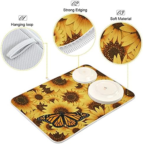 Monarch Butterfly Dish Drying Mat Large Yellow Summer Sunflower Fast Absorbent Tableware Pad Baby Bottle Rack Drainer Mats Heat Resistant Kitchen Sink Counter Decor 18x24 inches