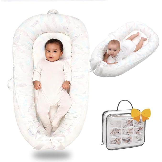 Baby Lounger-Breathable and Soft Organic 100% Cotton, Portable Infant Lounger with Removable Lounger Cover, Floor Lounger for Newborn - Purple Feathers