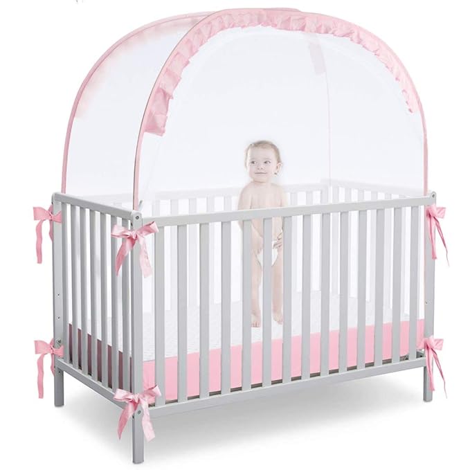 L RUNNZER Baby Pop Up Tent Cover Crib, Pink Crib Tent to Keep Baby in,See Through Crib and Nursery Soft Mesh Cover(55.2" L x 27.6" W x 51.6" H)