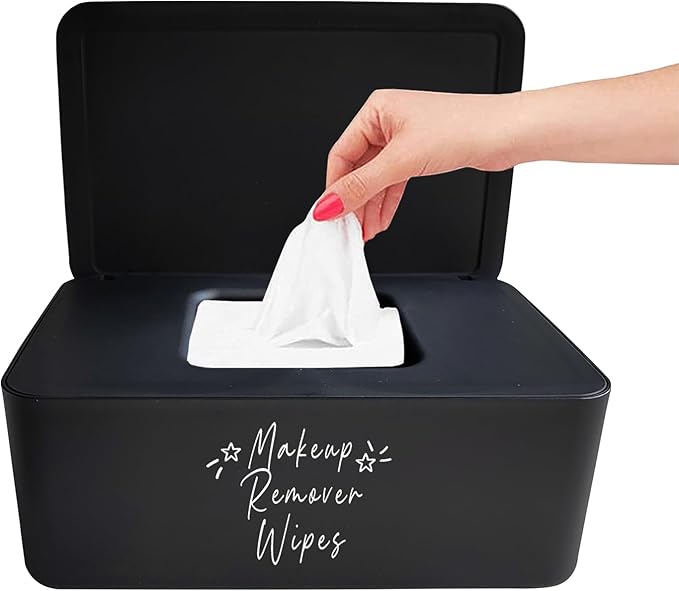 Moorfowl Makeup Remover Wipes Container,7.28" L * 4.80" W * 2.75" H, Makeup Wipes Holder Dispenser Chic for Bathroom Vanity Dressing Table (Black)