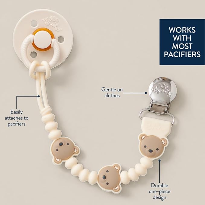 Itzy Ritzy Silicone Pacifier Clip – 100% Food Grade Silicone Pacifier Strap with Clip Keeps Pacifiers, Teethers & Small Toys in Place – Features One-Piece Design, Bear Character & Silicone Cord (Bear)