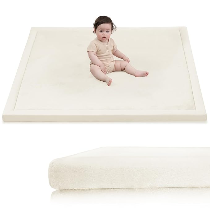 Huloo Sleep Ultra Soft Baby Play Mat for Floor,1.3" Thick Elasti-Foam 47x47 Play Mat for Playpen,Water-Repellent Coral Velvet for Tummy Time, Non-Slip Backing Safe for Toddlers & Infants（Cream）