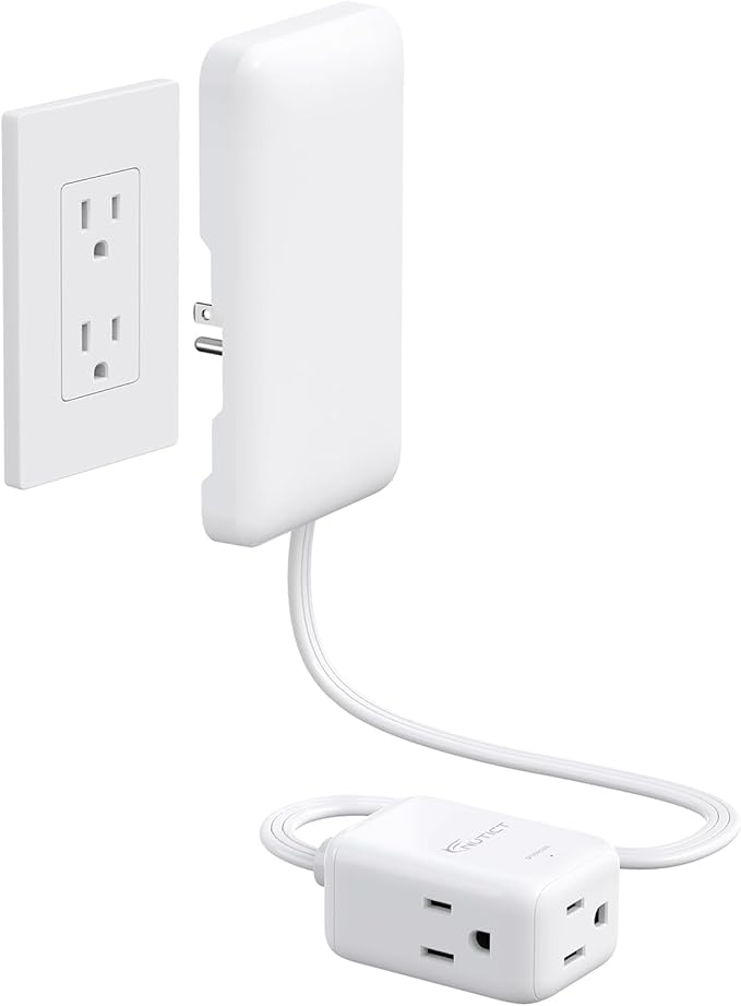 1.5ft Short Extension Cord with 3 Outlets, Flat Wall Plug & Flush Outlet Cover, 900J Surge Protection, 13A/1625W, ETL Listed, White Outlet Extender Fits Behind Furniture, Dresser, TV, Couch
