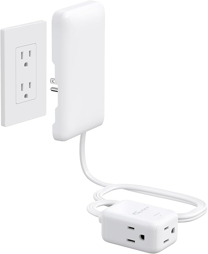 3ft Flat Extension Cord with 3 Outlets, Flat Wall Plug & Flush Outlet Cover, 900J Surge Protection, 13A/1625W, ETL Listed, White Outlet Extender Fits Behind Furniture, Dresser, Bed, TV, Couch