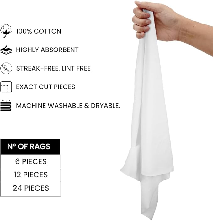 24 Pack New Lint Free Rags,100% Cotton Cloth for Cleaning, Soft Cloth Tshirt Material for Cast Iron Staining Wood, Dust Rags, Shoe Polishing, for Household, Automotive & Industrial Use 17x17