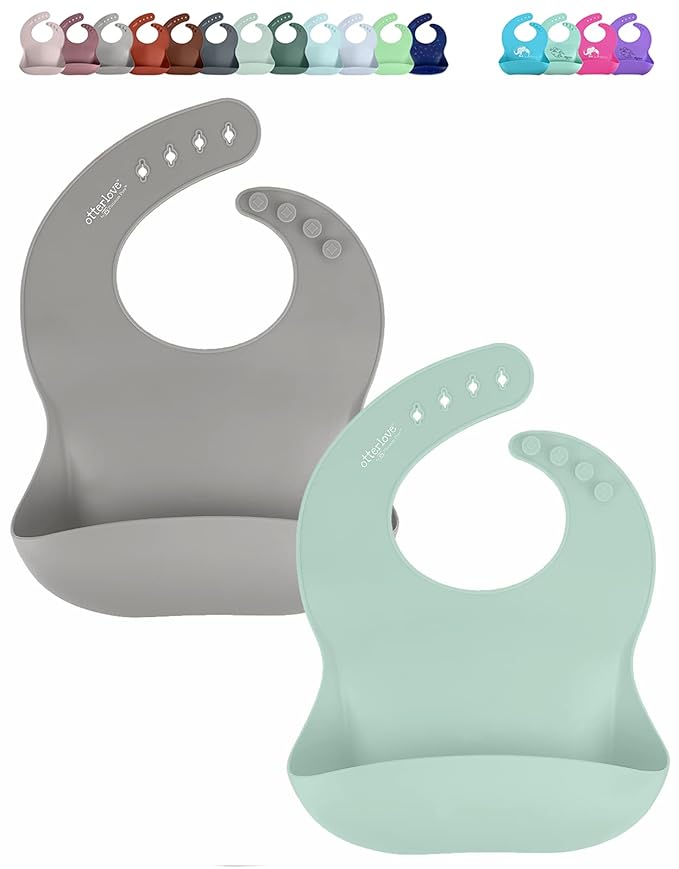 otterlove Silicone Bib – 100% Pure Platinum LFGB Baby Bibs with No Fillers – Wide Food Catching Pocket – Easy Clean – Mess Proof – Dishwasher Safe – BPA & Phthalate Free (2 Bib Pack - Sage & Sand)