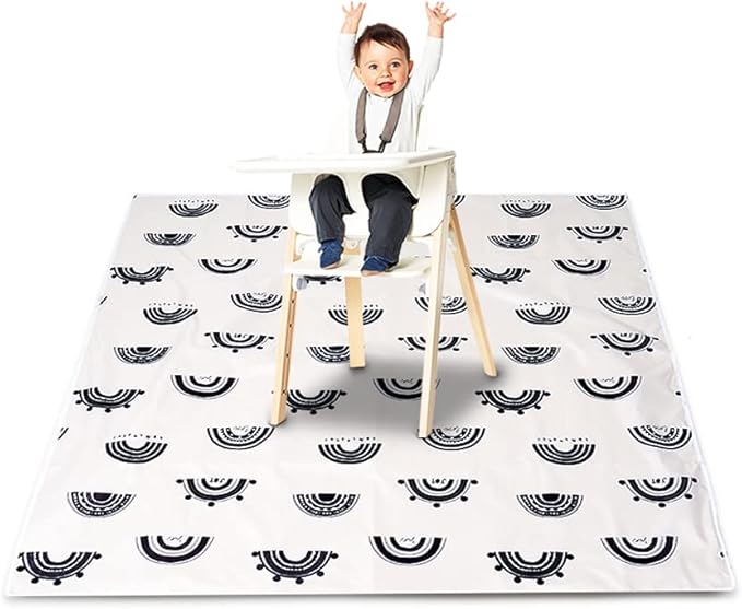 Baby Splat Mat for Under High Chair - WWaterproof and Washable Eating Mat for Toddlers&Kids, Portable Play Mat and Table Cloth 43 inch (Rainbow Black)