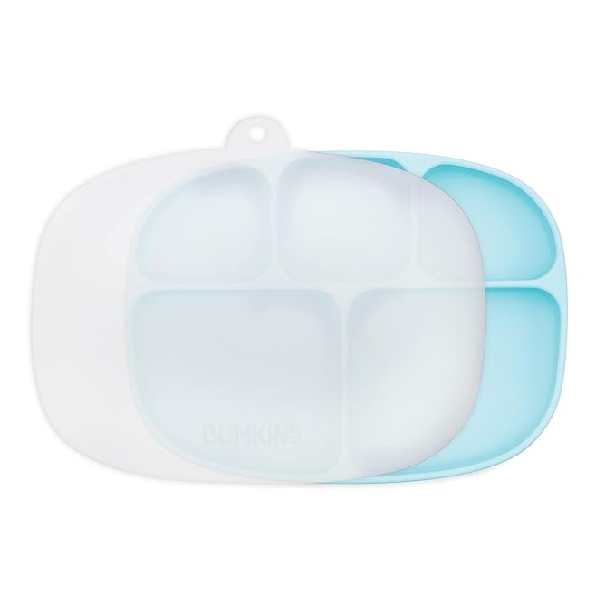 Bumkins Toddler and Baby Suction Plate, Silicone Divided Grip Dish and Lid, Large 5-Section Tray for Kids, Essentials in Children Feeding Supplies, Non Skid Stick Bottom, for Ages 6 Months Up, Blue