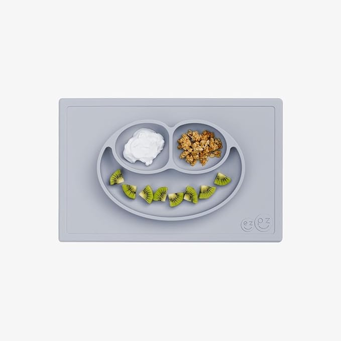 ezpz Happy Mat (Pewter) - 24 Months+ - 100% Silicone Suction Placemat + Divided Plate with Three Compartments - Toddler + Preschool Essentials