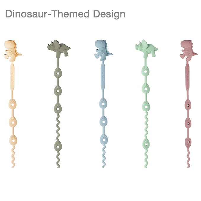 PandaEar Baby Toy Straps - 5 Pack Dinosaur Silicone Pacifier Teether Harness Straps - Adjustable Baby Toy Holder for Bottles, Strollers, High Chairs, Cribs