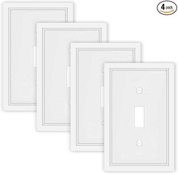 White Decorative Light Switch Cover Plate, Classic Single Toggle Switch Plate Covers, Natural Bamboo Fiber 1 Gang Wall Plates for Bathroom Kitchen- 4 Pack