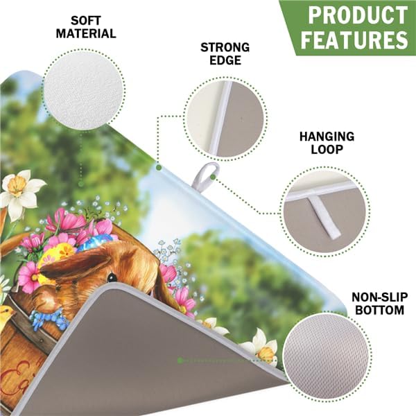 Easter Bunnies Eggs Dish Drying Mat for Kitchen Counter,Spring Colorful Flowers Drying Mat 16 x 18 Inch with High Absorbent Microfiber Drainer Mat for Coffee Bar