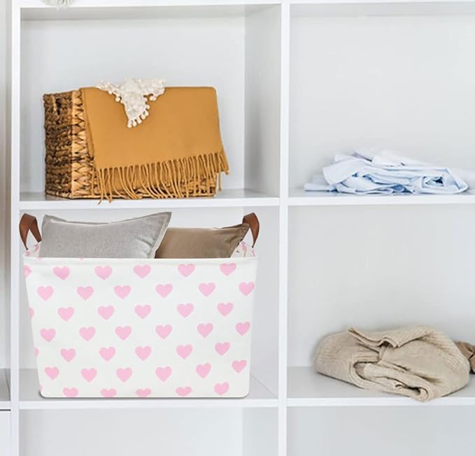 HKEC Rectangle Pink Heart Gift Basket,Storage Basket for Girls, Room Decor, Books Shelf Baskets (Pink Heart)