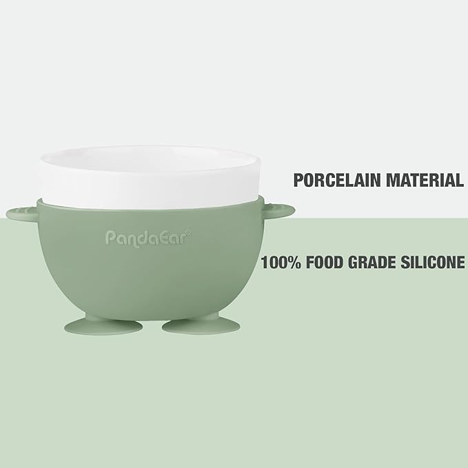 PandaEar 3 Pack Ceramic Baby Bowls with Silicone Sleeves | Non-Slip Suction Base, Microwave & Dishwasher Safe Toddler Bowls | BPA Free Baby Feeding Bowls Set (Blue/Green/Beige)