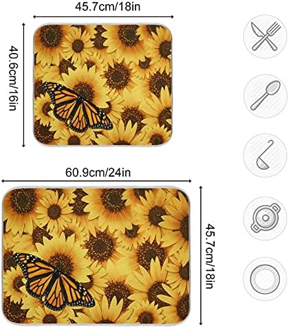 Monarch Butterfly Dish Drying Mat Large Yellow Summer Sunflower Fast Absorbent Tableware Pad Baby Bottle Rack Drainer Mats Heat Resistant Kitchen Sink Counter Decor 18x24 inches