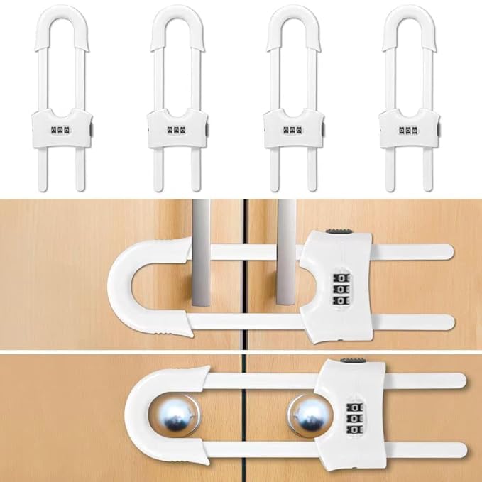 4 Packs U-Shaped Sliding Cabinet Locks, Baby Proofing Cabinets with Adjustable Child Safety Lock, Childproof Latches for Knobs, Handles on Kitchen Doors and Home Drawers Closet 1- White