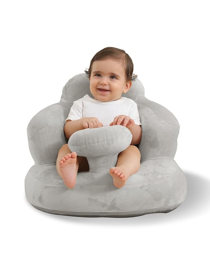 AGITVPS Velvet-Covered Inflatable Baby Seat with Built-in Pump | A Supportive Bumbo Seat for Babies 3-36 Months | Perfect for Learning to Sit, Feeding, Floor Time & Camping (Velvet Tray-Gray)