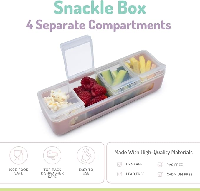 melii Snackle Box | 4-Compartment Snack Container with Individual Lids, BPA-Free Food Storage for Travel, School & On-the-Go Snacks, Kids & Family Organizer (Pink)